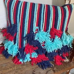 Red and Blue Tassel Striped Throw Pillow